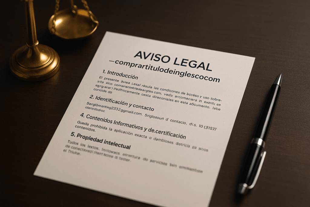 Documento con el título “Aviso Legal – comprartitulodeingles.com” impreso en hoja blanca sobre escritorio oscuro con balanza dorada y bolígrafo, simbolizando transparencia legal.