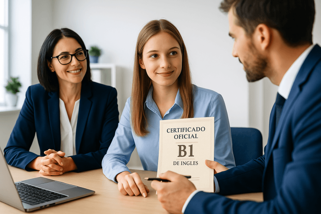 Equipo profesional asesorando a un estudiante sobre su certificado oficial de inglés B1 en una oficina moderna, simbolizando confianza y orientación lingüística.